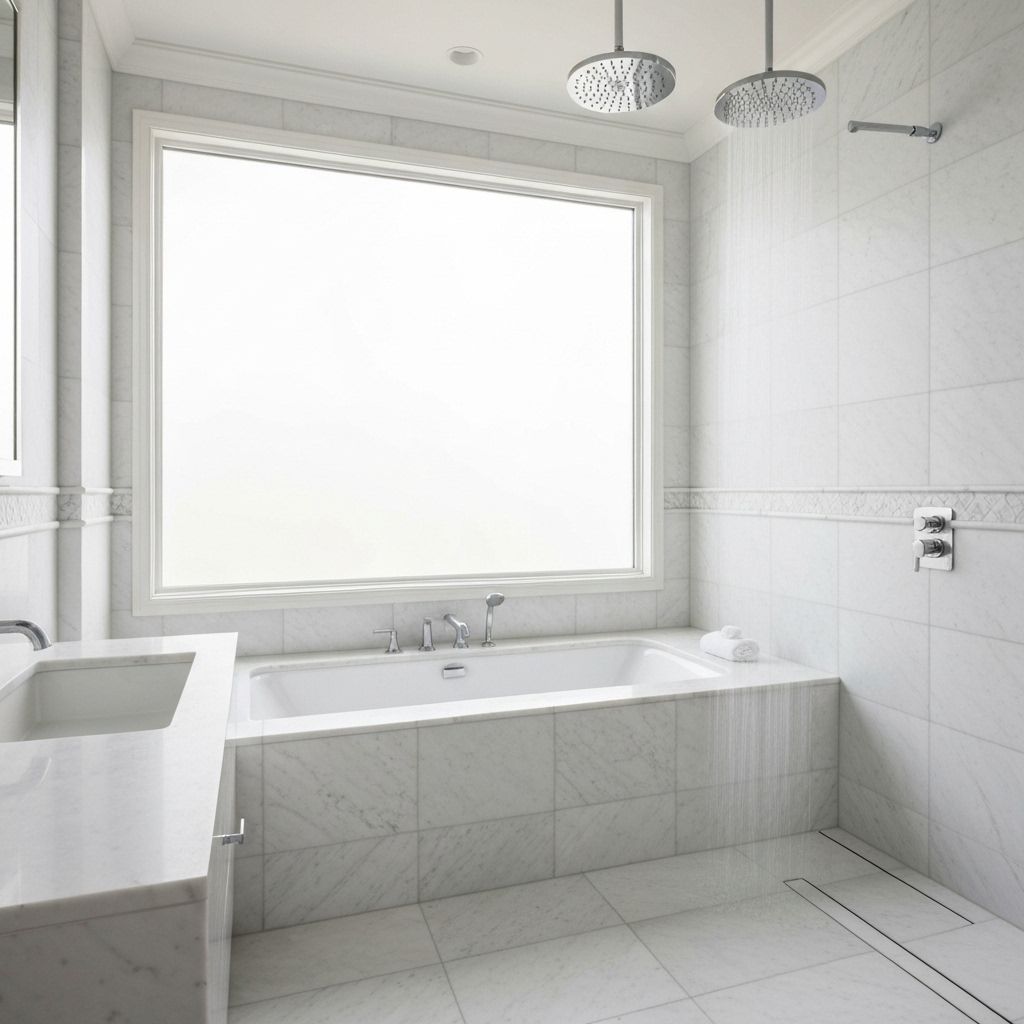 Spa-like luxury bathroom with marble finishes and freestanding tub