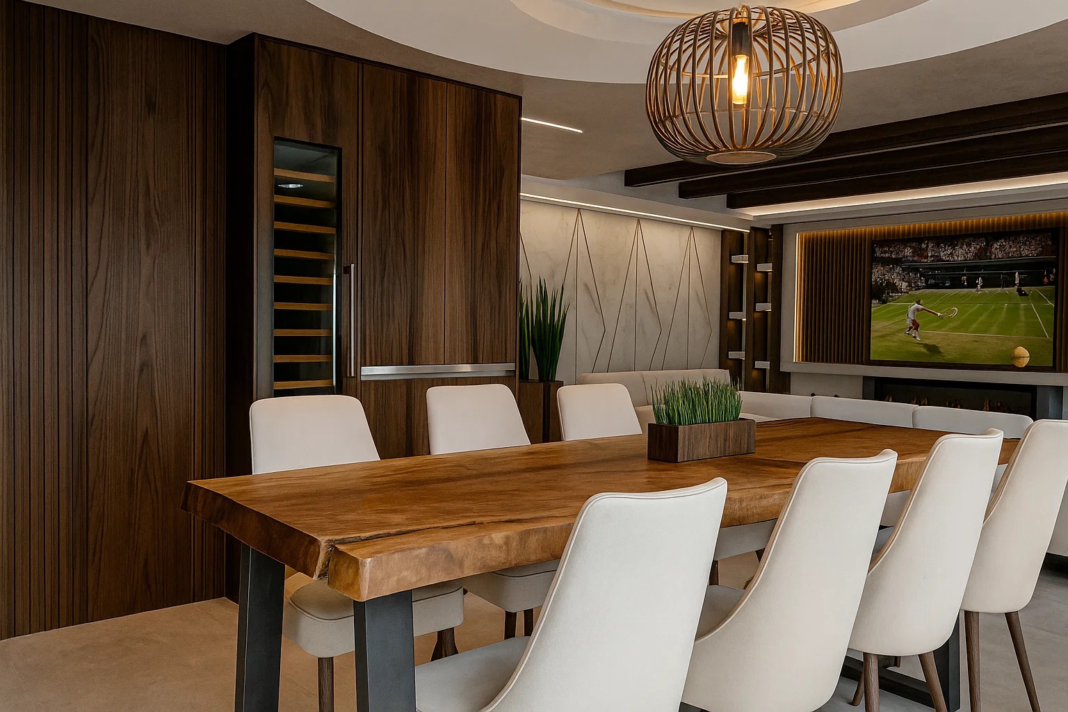 Modern dining room with wood paneling and contemporary design