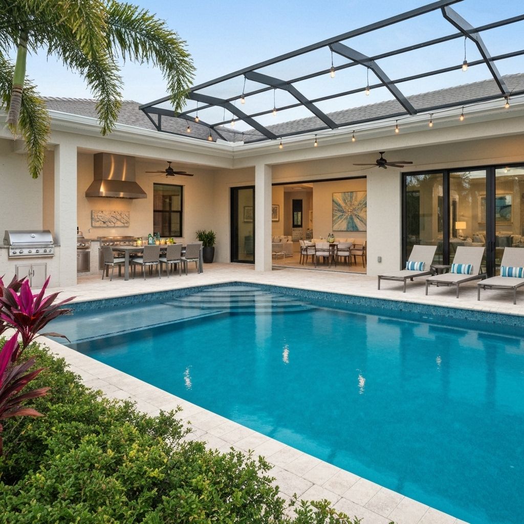 Luxury outdoor living space with pool and covered patio